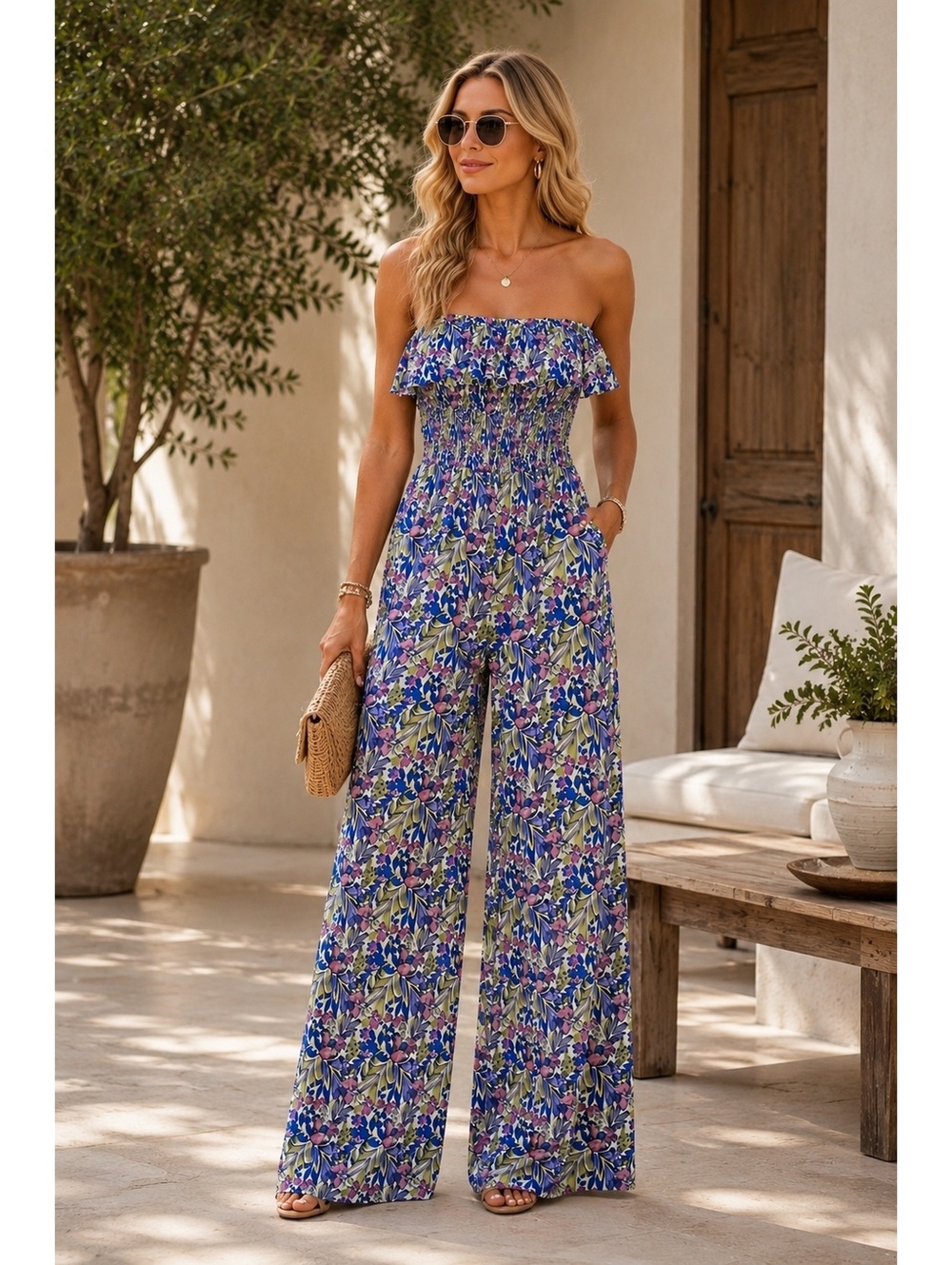 Lush Floral Smocked Jumpsuit Medium NWT Wide Leg Sleeveless Nordstrom